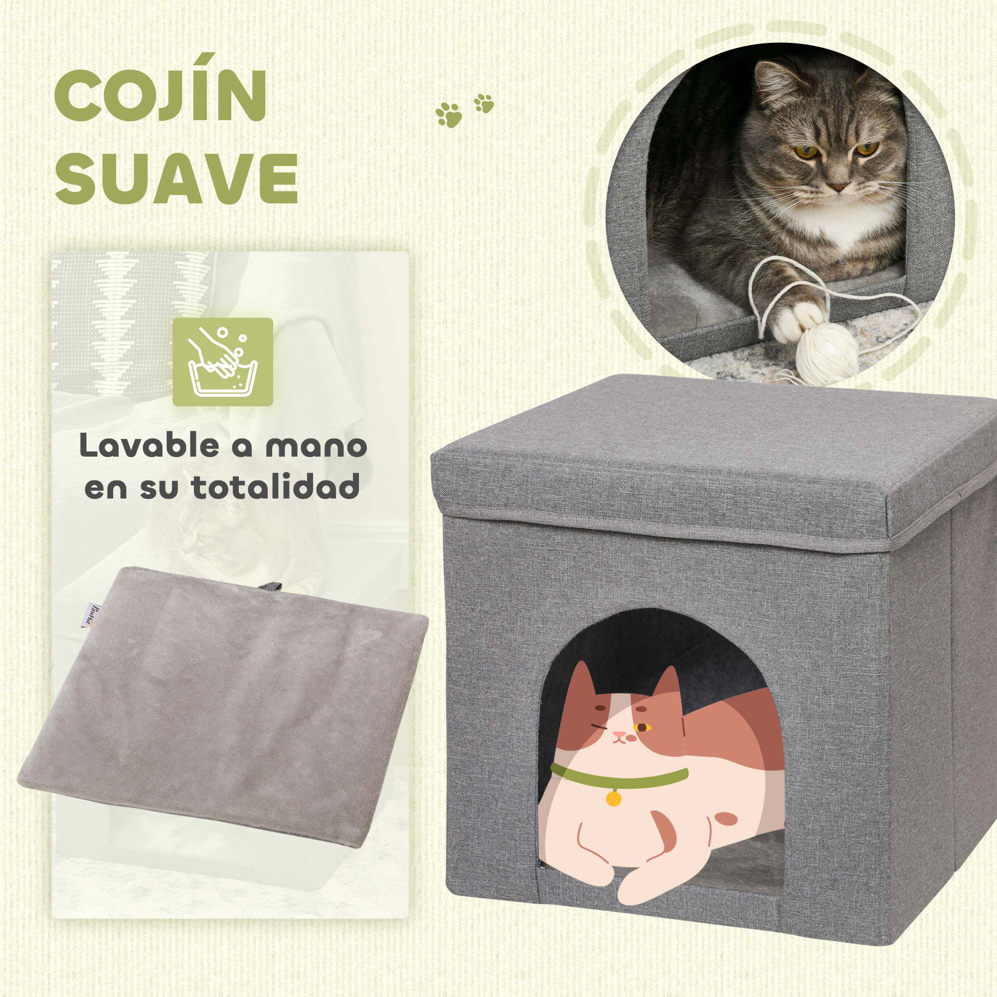 Casa para Gatos Cama para Gatos Casita para Gatos con Tablero de Rascar y Puerta para Interior 36,5x36,5x36,5 cm Gris