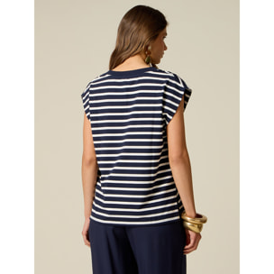 Oltre - T-shirt scollo a V a righe - Blu