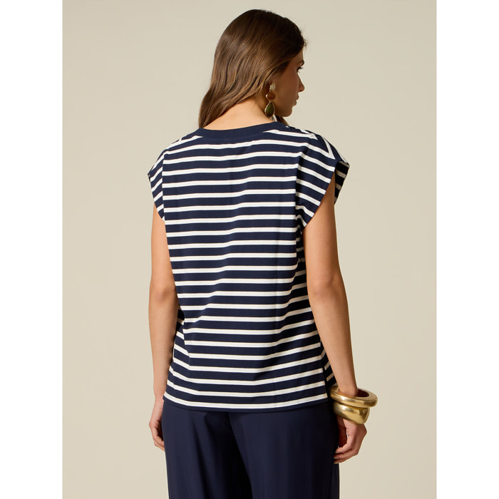 Oltre - T-shirt scollo a V a righe - Blu