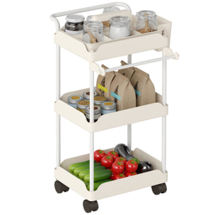 Carrito Auxiliar con Ruedas de 3 Niveles, Carrito de Cocina con Cestas Extraíbles, Ruedas con Freno, Soporte para Toallas y Marco de Metal, Carro de Servicio para Comedor, Salón, Baño, Blanco