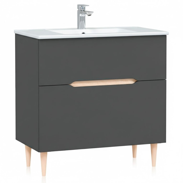Mobile Bagno A Terra Lavabo In Ceramica E Specchio Inclusi 1 Cassetto Soft Close 1 Anta Vasistaso 80 x 45 x 80 Cm Colore Grigio Antracite E Rovere