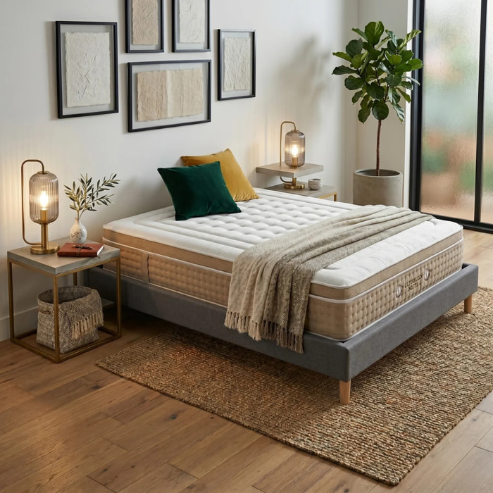 Ensemble matelas Bali & sommier Cancun| 33 cm | Mémoire de forme, gel et ressorts ensachés | Cadre à lattes | Tissu | Gris foncé