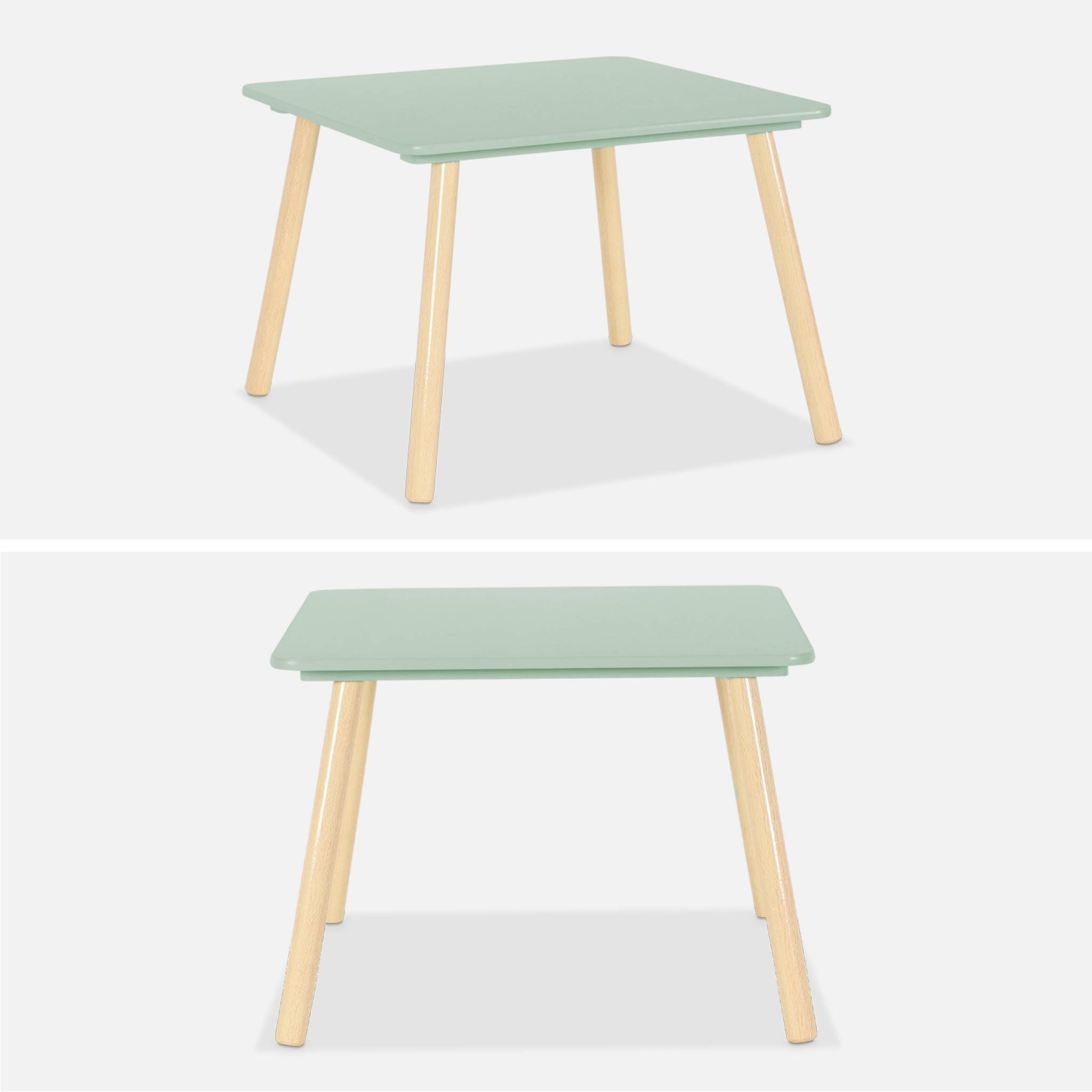 Table carrée enfant avec 2 chaises. pieds en pin. vert