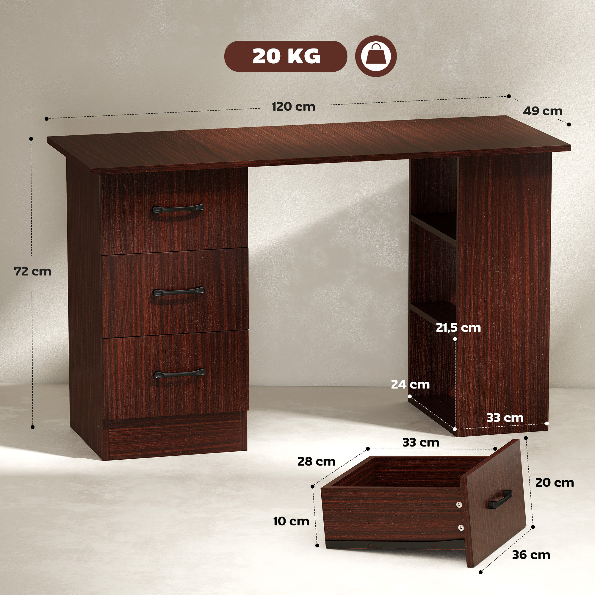 Bureau informatique 3 tiroirs coulissants 3 étagères grand plateau 120 x 49 x 72 cm effet bois noyer