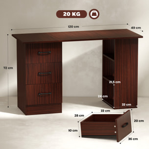 Bureau informatique 3 tiroirs coulissants 3 étagères grand plateau 120 x 49 x 72 cm effet bois noyer