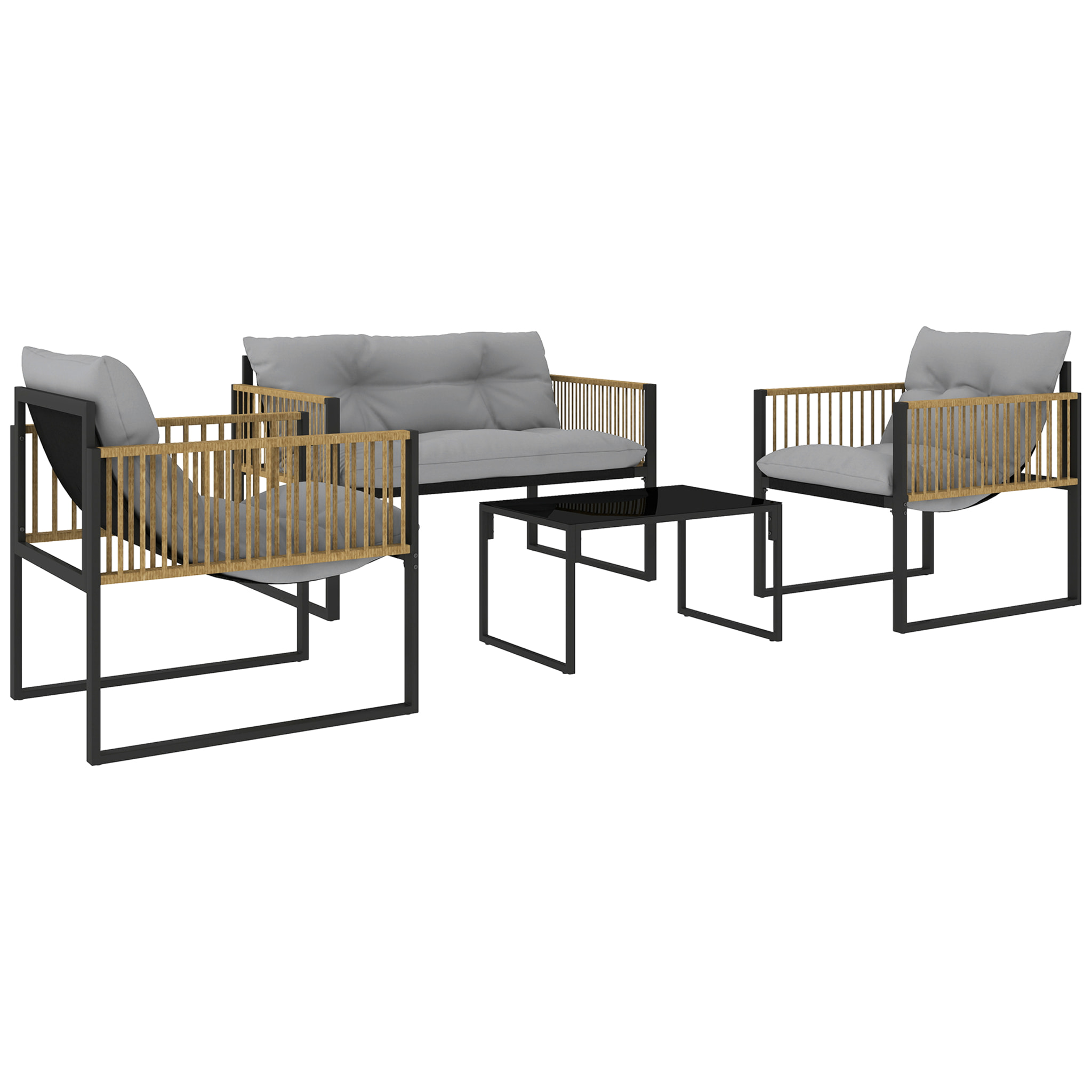 Conjunto de Jardín Exterior de Ratán Sintético de 4 Piezas Muebles de Jardín Exterior Incluye Sofá de 2 Plazas 2 Sillones 1 Mesa de Centro de Vidrio con Cojines Gris y Natural
