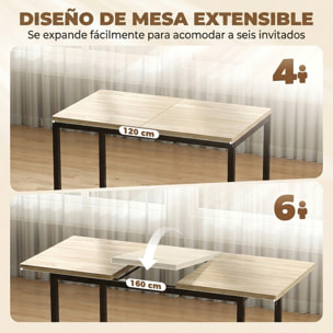 Conjunto de Mesa y 6 Sillas de Comedor de 7 Piezas, Mesa de Cocina Extensible 120-160 cm con 6 Sillas, Ahorro de Espacio, para 4-6 Personas, Marco Metálico, Efecto Roble