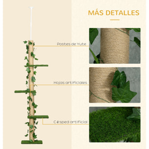 Árbol para Gatos del Suelo al Techo 37x21x202-242 cm Torre para Gatos con Altura Ajustable 4 Plataformas de Césped Artificial Hojas Artificiales y Poste de Yute Verde