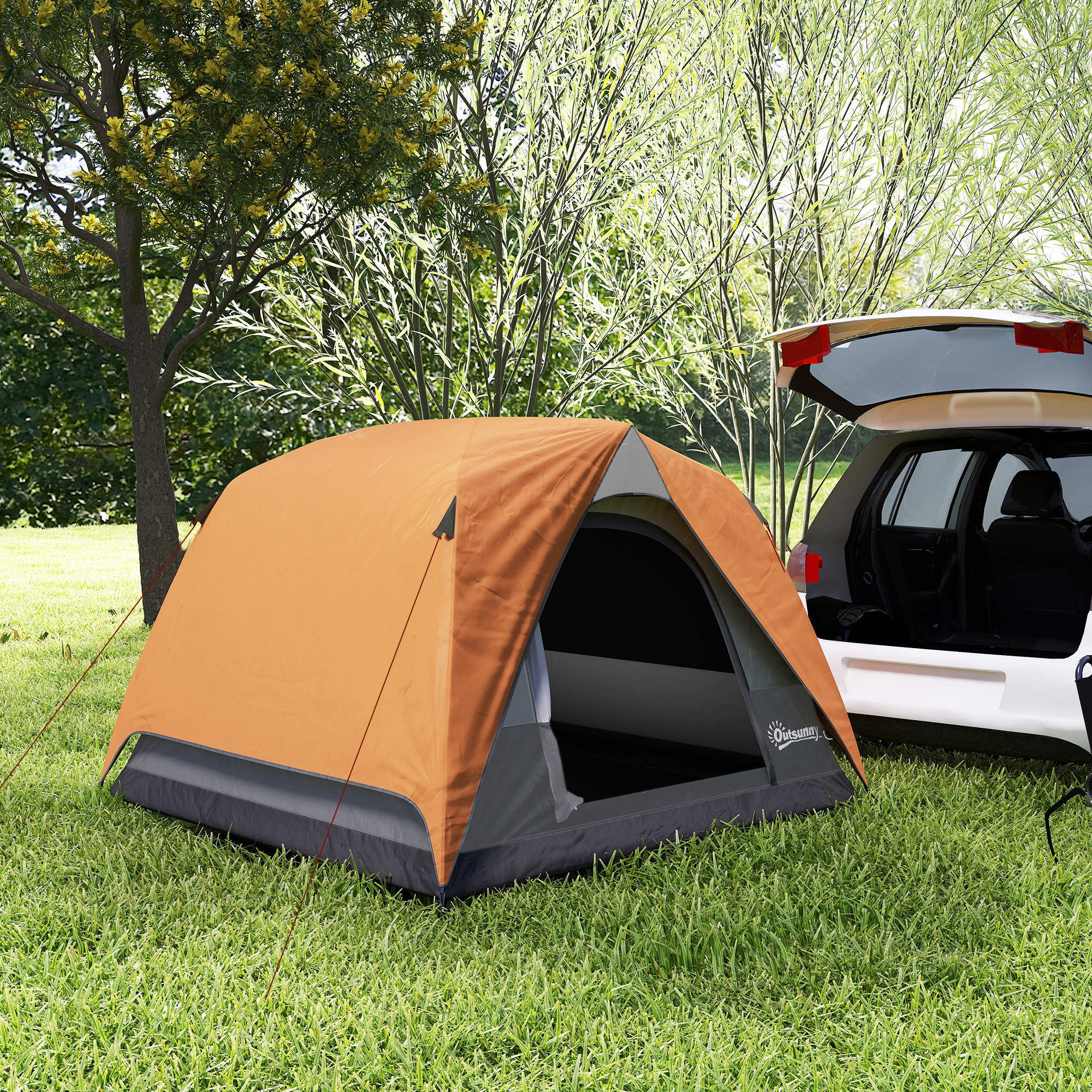 Tienda de Campaña para 2-4 Personas Tienda de Camping Plegable con Puerta Ventanas de Malla Bolsillo Gancho y Bolsa de Transporte Impermeable Fácil Instalación para Senderismo Naranja y Gris