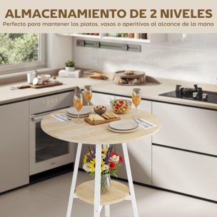 Mesa Alta Cocina Redonda con Estante de Almacenamiento, Mesa Alta Bar Moderna para 2 Personas con Marco de Metal para Salón y Comedor, 55x55x95 cm, Madera Natural y Blanco