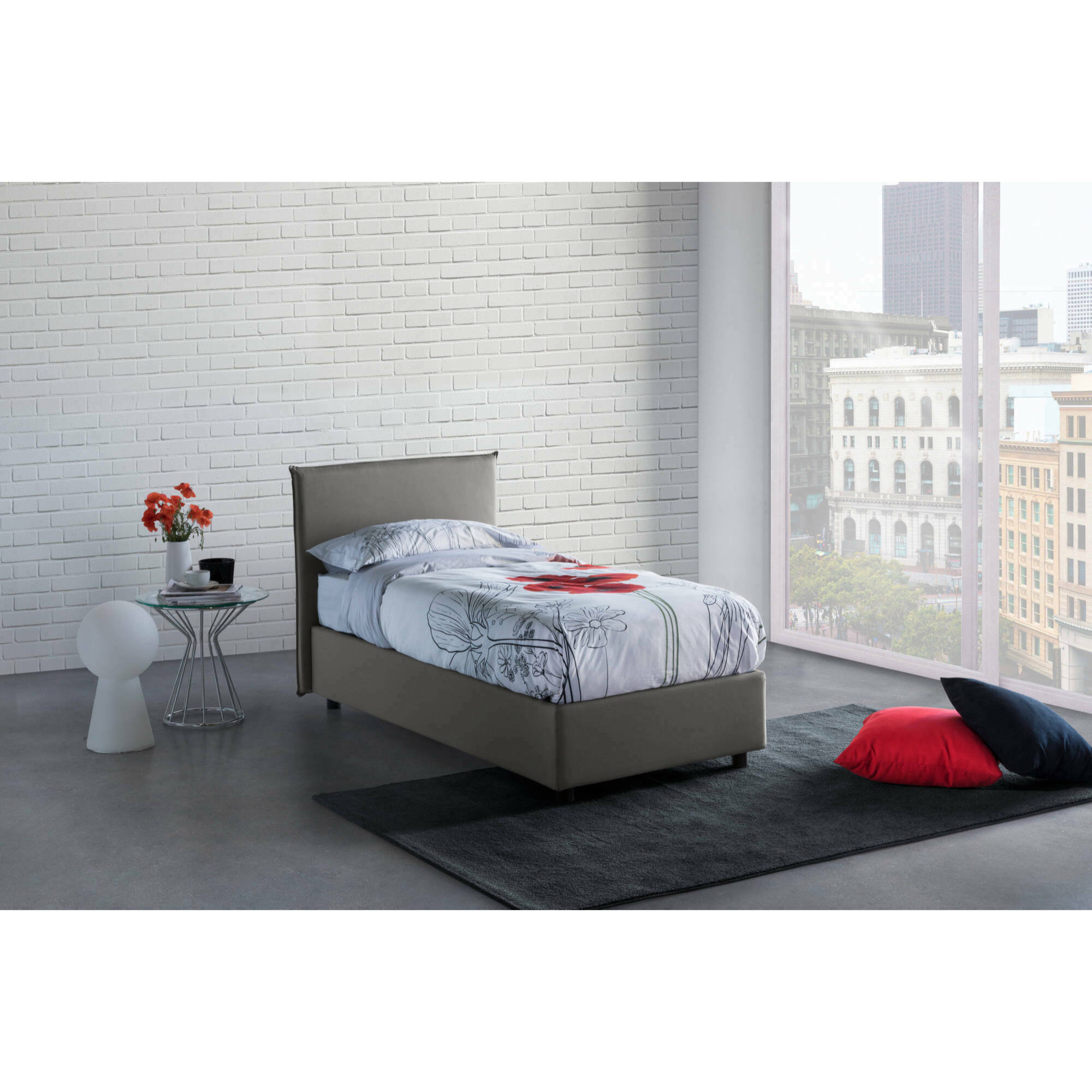Letto singolo Argentino, Letto contenitore con rivestimento in tessuto, 100% Made in Italy, Apertura frontale, adatto per materasso Cm 80x190, Grigio