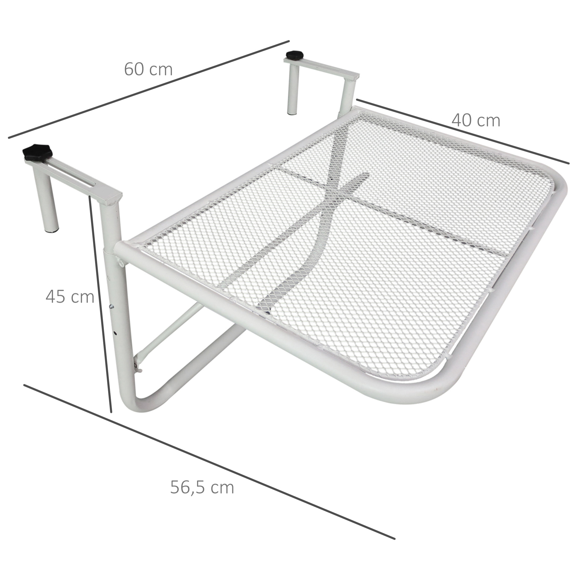 Mesa Colgante de Balcón con Brazo Regulable y Altura Ajustable en 3 Posiciones Marco Metálico Carga Máx. 30 kg 60x56,5x45 cm Blanco