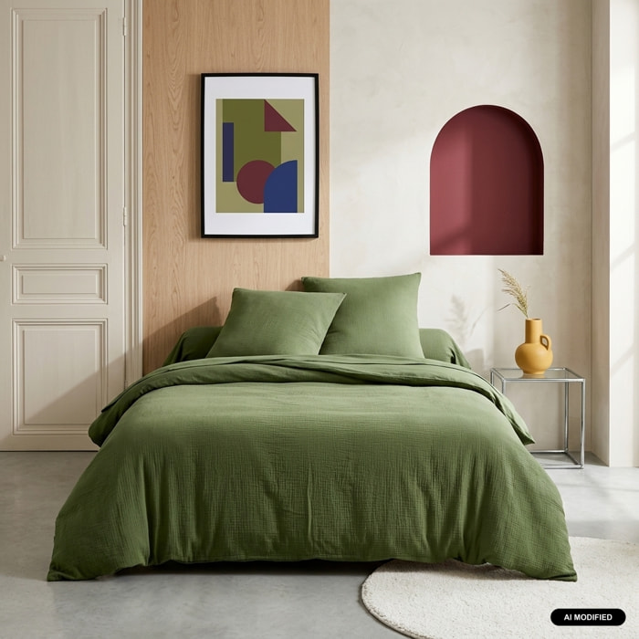 Parure de lit gaze de coton kaki ALIX