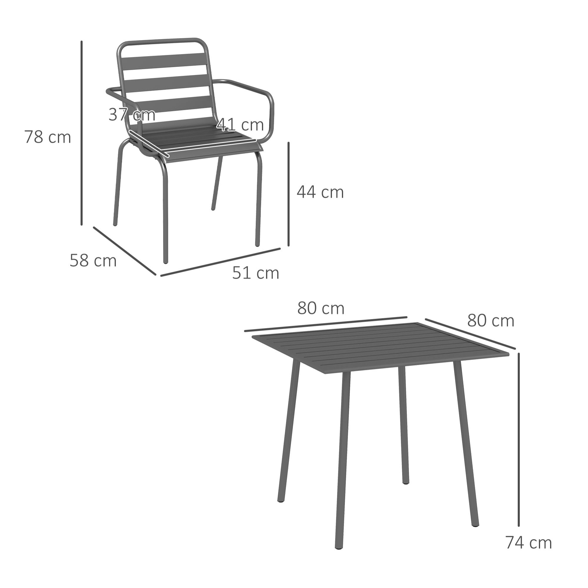 Salon de jardin 4 places 5 pièces - table à manger 4 chaises empilables - acier thermolaqué gris