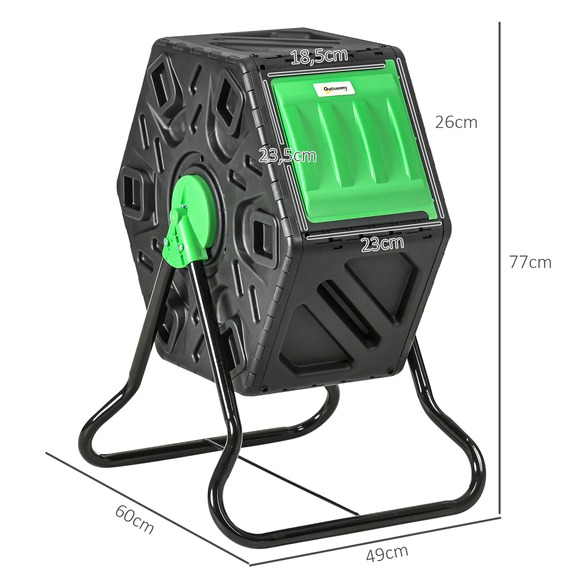 Compostador Giratorio de 65L Contenedor de Compostaje de Jardín de Doble Cámara Compostadora con Aberturas de Ventilación y Patas de Acero 60x49x77 cm Negro