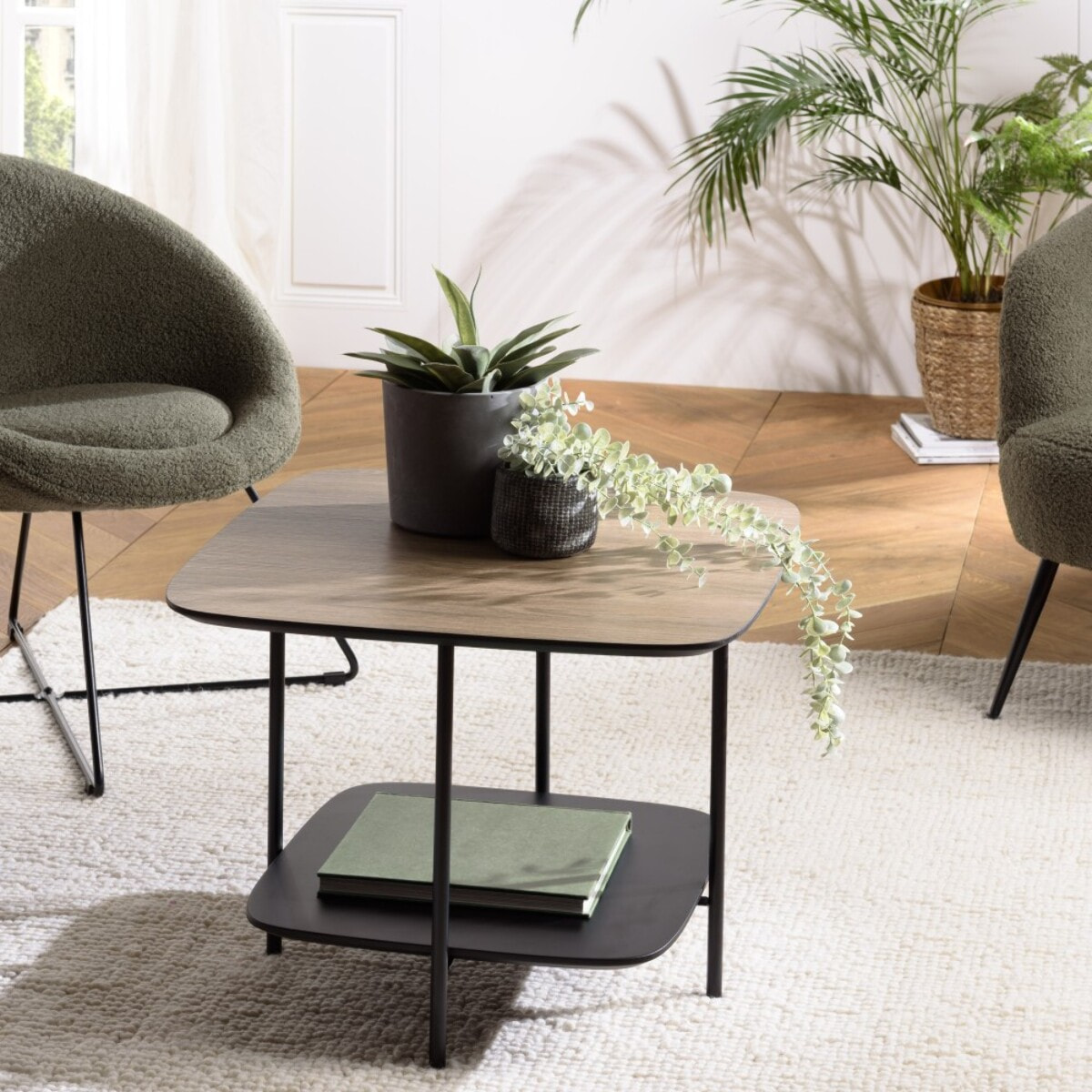 JULIA - Table basse 2 plateaux PM bi-matière mocha/noir pieds métal
