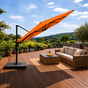 Parasol rectangulaire 3x4 déporté rotatif orange en aluminium GHAZIE