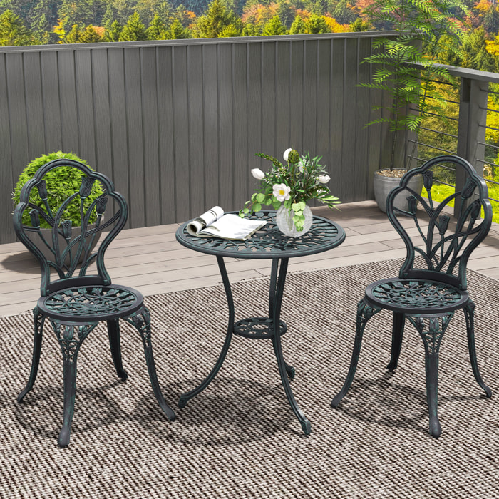 Ensemble salon de jardin 2 places 2 chaises + table ronde fonte d'aluminium imitation fer forgé noir effet vieilli