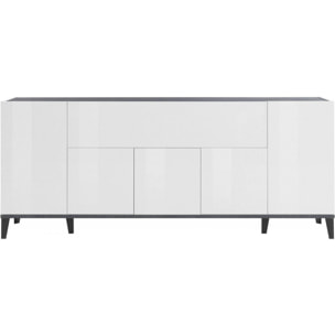 Credenza moderna a 6 ante, Made in Italy, Madia da cucina rialzata, Buffet di design da soggiorno, Cm 200x40h82, Bianco lucido e Ardesia