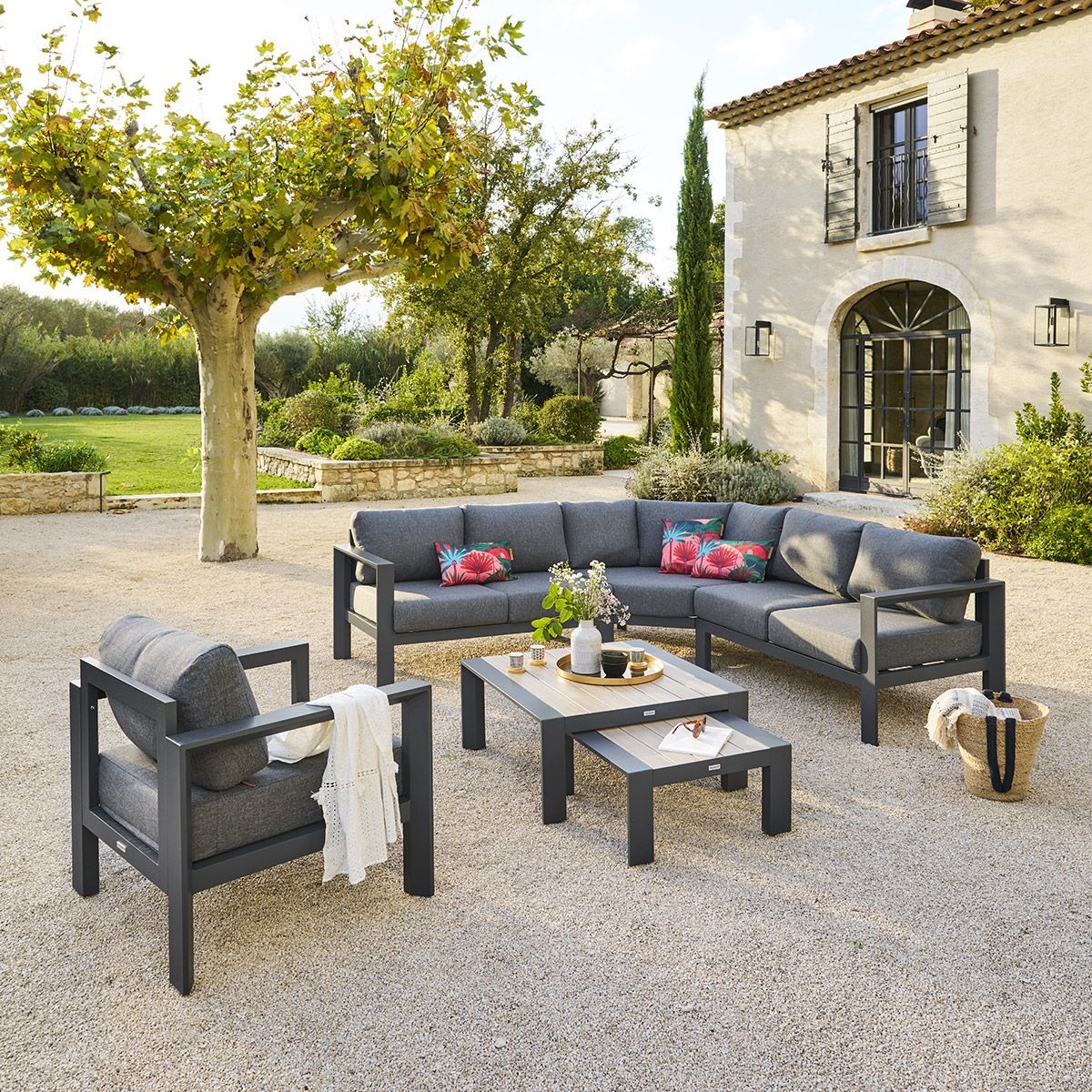 Table basse de jardin carrée "Évasion" graphite & honey 65 x 65cm en aluminium