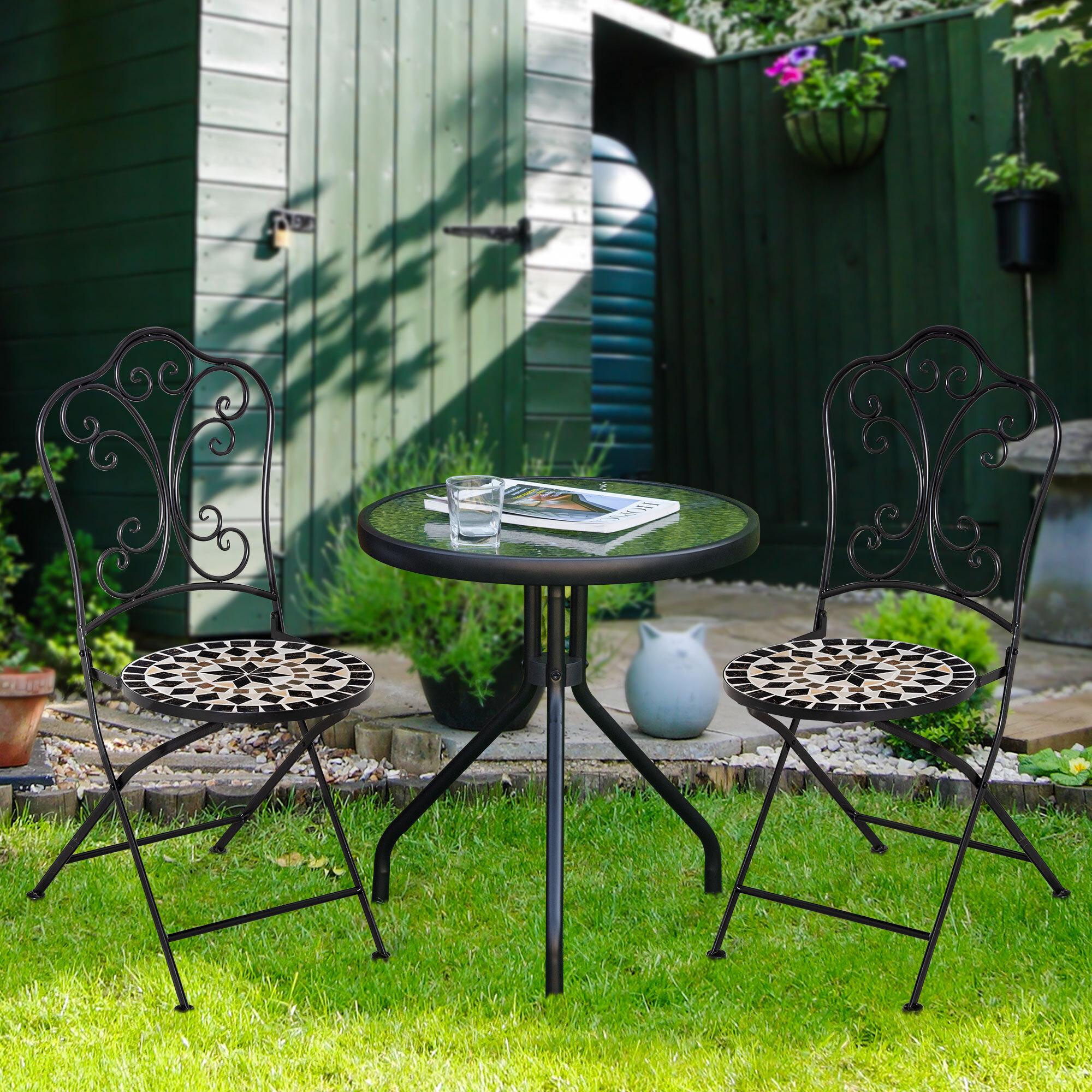 Juego de 2 Sillas de Jardín Plegables con Asiento de Mosaico Cerámico y Marco de Metal para Balcón Terraza Patio Carga 120 kg 40x50x92 cm Negro