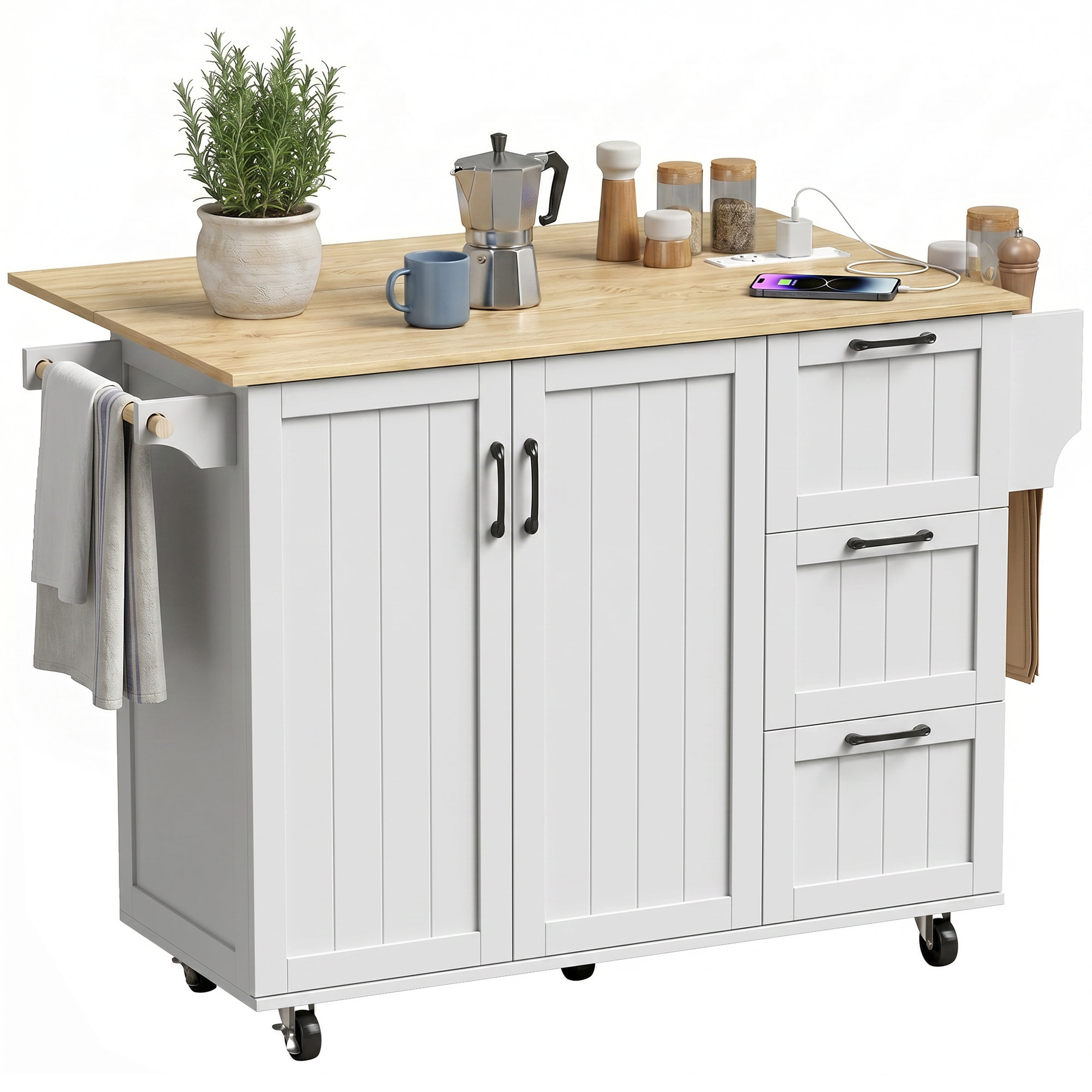 Isla de Cocina con Encimera Extensible y Estación de Carga, Carro de Cocina con Ruedas, 2 Puertas, 3 Cajones, Estantes Ajustables, Especiero y Toallero, Blanco