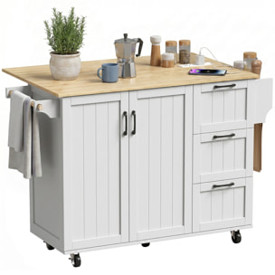 Isla de Cocina con Encimera Extensible y Estación de Carga, Carro de Cocina con Ruedas, 2 Puertas, 3 Cajones, Estantes Ajustables, Especiero y Toallero, Blanco