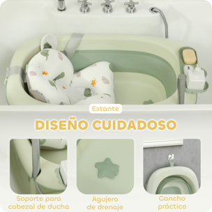 Bañera Plegable Bebé, Bañera Portátil con Cojín de Baño, Soporte con Botón, Orificio de Drenaje y de Ducha, Repisa, Gancho, para Recién Nacidos y Bebé hasta 3 Años, Verde