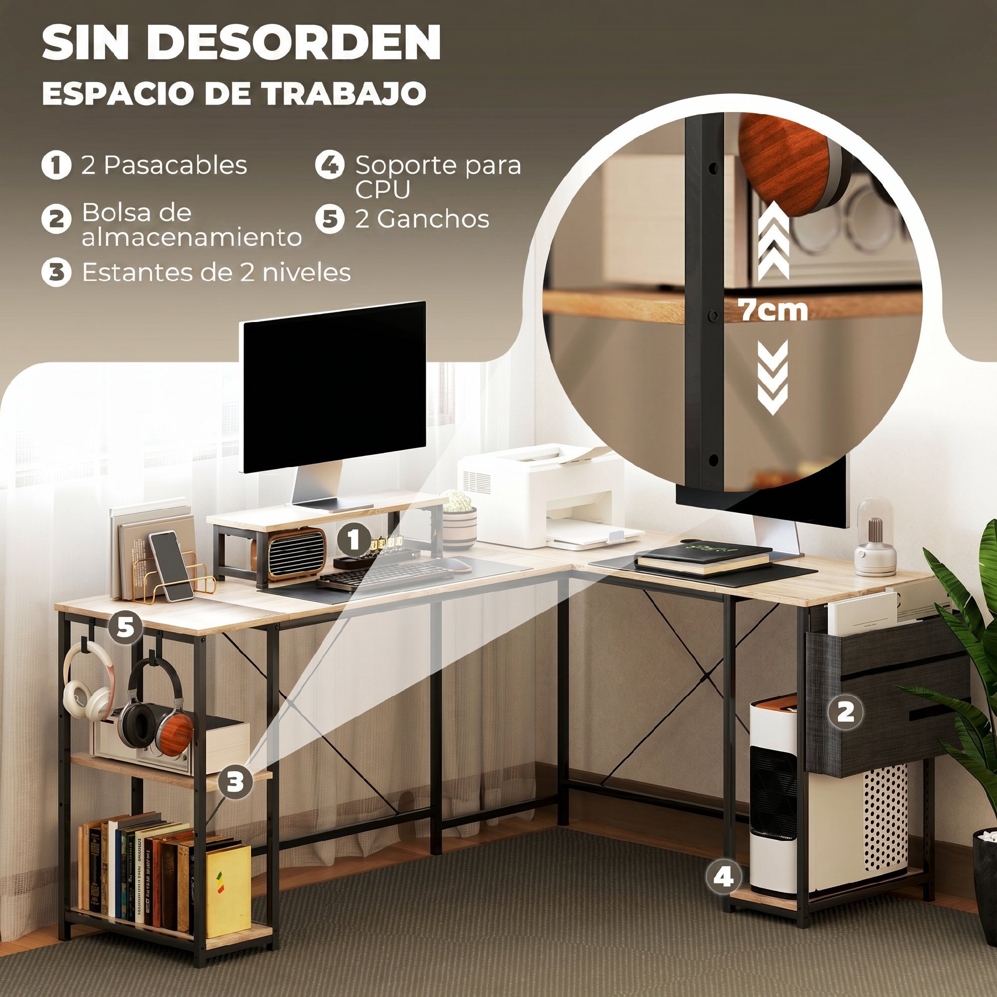 Escritorio Esquinero Reversible en L, Largo 168-240 cm, Mesa Escritorio de Ordenador Industrial con Soporte Monitor y CPU, Estantería, Bolsillo Lateral, Ganchos, Estante Ajustable, Natural