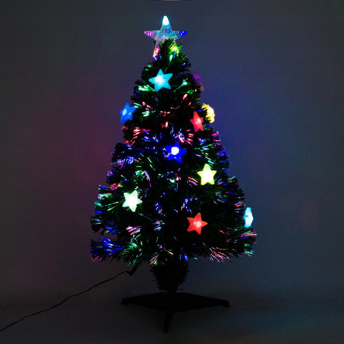 Sapin de Noël artificiel lumineux fibre optique LED multicolore + support pied Ø 45 x 90H cm 90 branches étoile sommet brillante vert