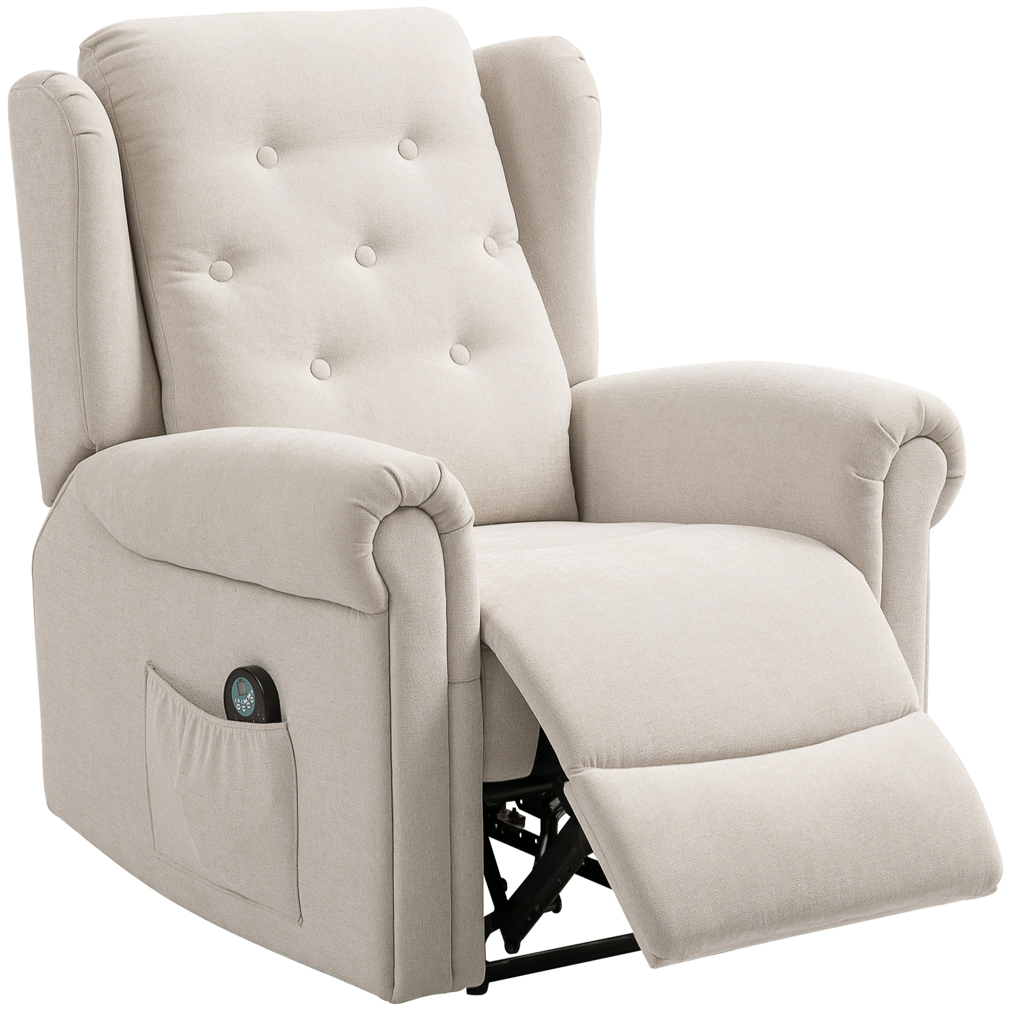 Fauteuil massant chauffant inclinable repose-pieds intégré poche rangement tissu toucher lin beige