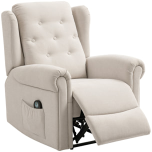 Fauteuil massant chauffant inclinable repose-pieds intégré poche rangement tissu toucher lin beige