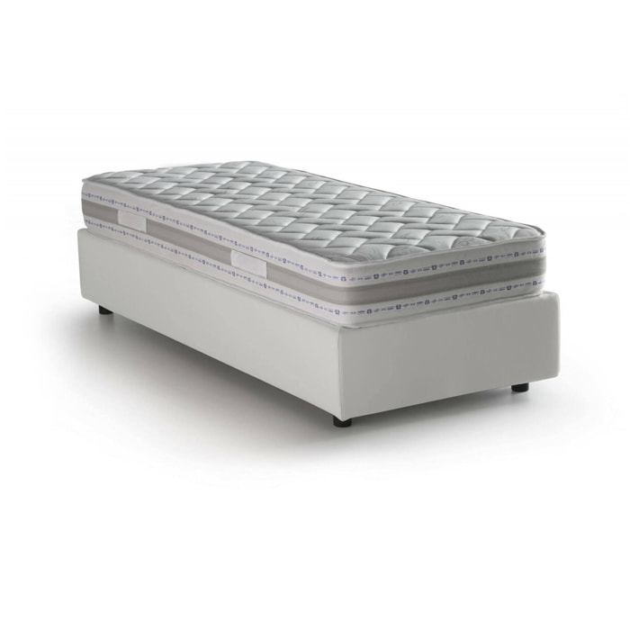Letto singolo Nantine, Letto contenitore con rivestimento in ecopelle, 100% Made in Italy, Apertura frontale, con materasso Cm 90x190 incluso, Bianco