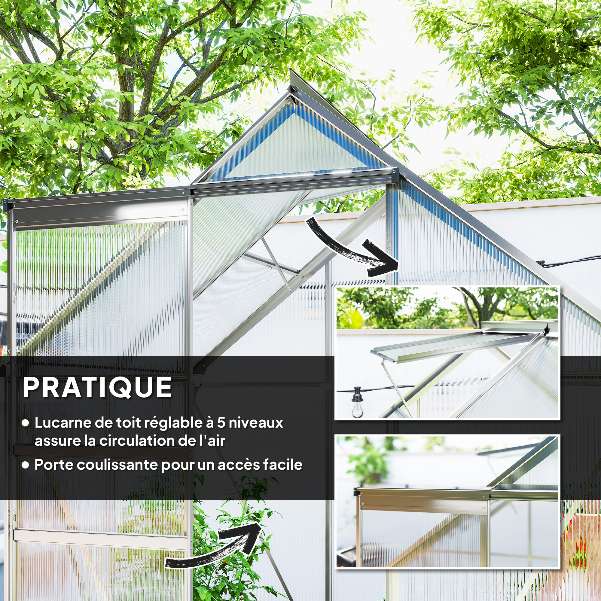 Serre de jardin aluminium polycarbonate 2,5 m² dim. 1,92L x 1,31l x 2H m lucarne réglable fondation porte coulissante