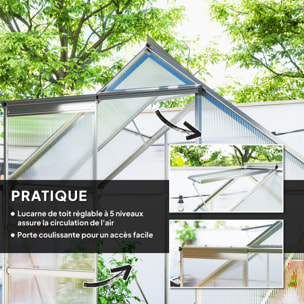 Serre de jardin aluminium polycarbonate 2,5 m² dim. 1,92L x 1,31l x 2H m lucarne réglable fondation porte coulissante