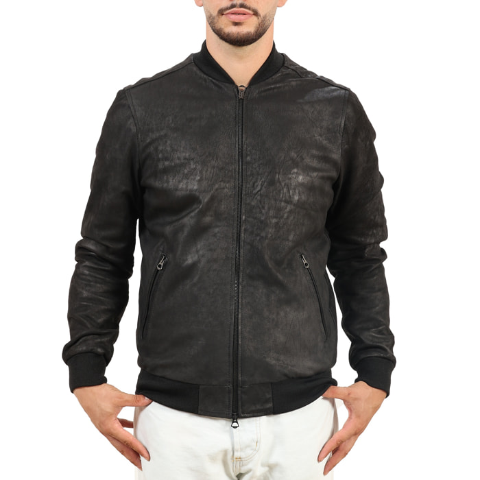 Giubbino in vera pelle di vitello rifinizione dakota Nero-Slim Fit