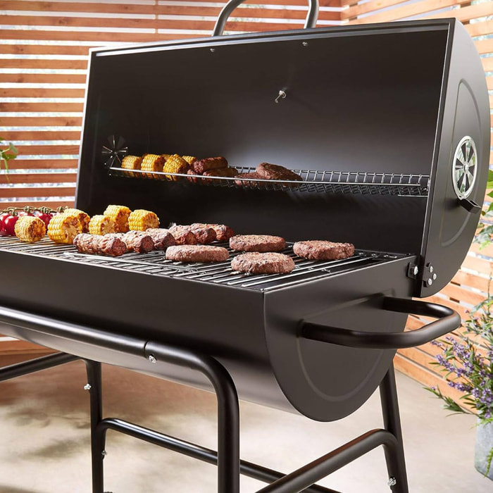 Barbacoa de cilindro con ruedas, color negro y parrilla de cocción chapada H.97cm