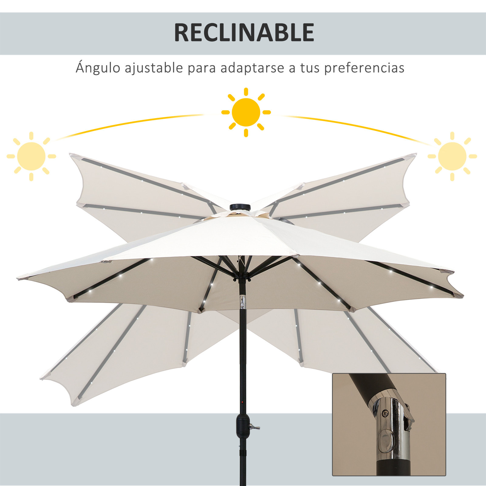 Sombrilla de Jardín Ø268x238 cm Parasol de Terraza con 24 Luces LED Solar Mecanismo de Inclinación Manivela y Poste Desmontable de Metal para Piscina Patio Crema