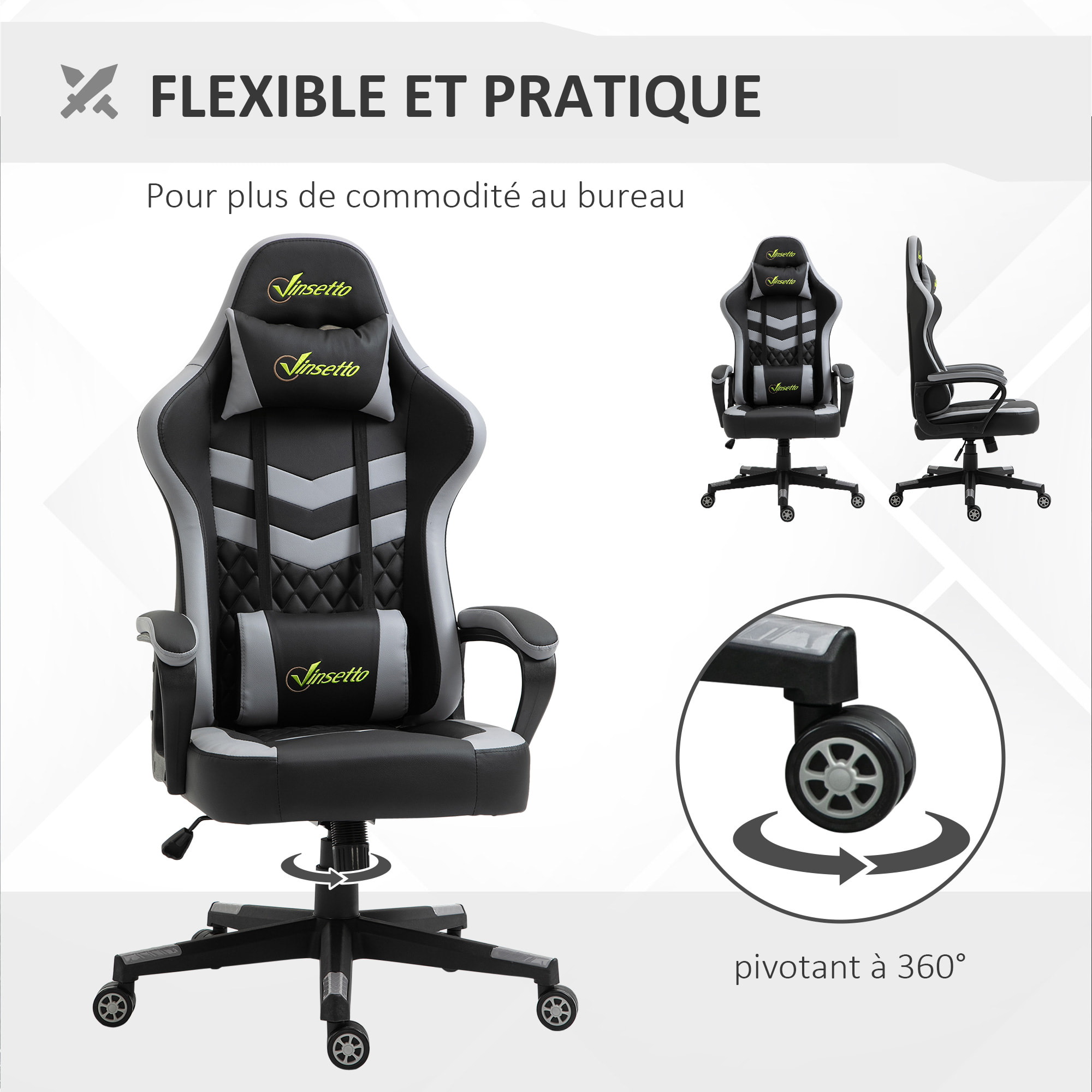 Chaise de bureau gaming réglable - coussin lombaires et tétière inclus - fonction bascule verrouillable - noir gris