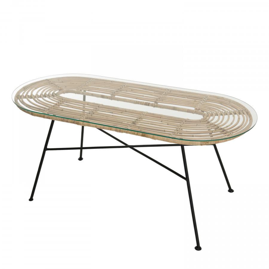 CHLOE - Table basse 100x45cm rotin naturel plateau verre pieds métal noir