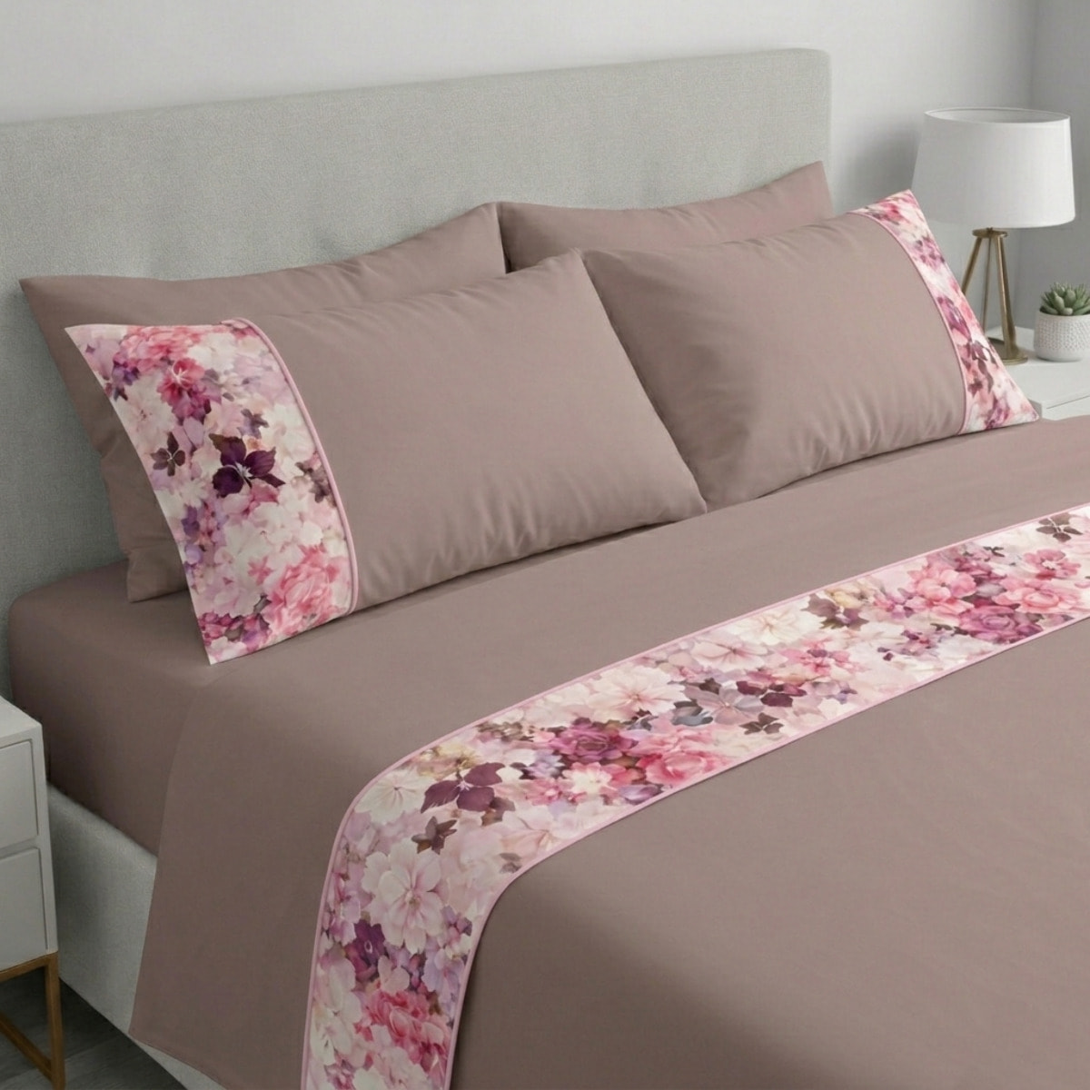 Completo letto Armonie IPERSAN Puro Cotone Flora Tortora