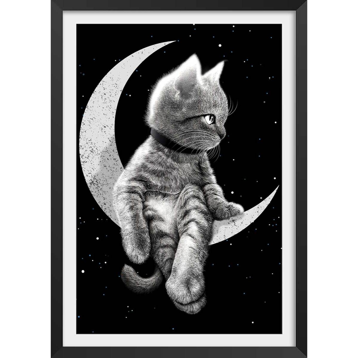 Affiche enfant chat rêveur  Affiche + cadre en bois - Noir