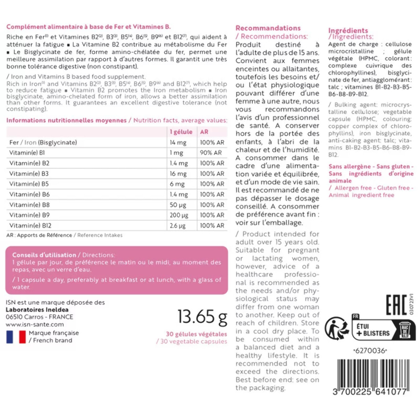 ISN - Ineldea Santé Naturelle Suplefer - Aide à réduire la fatigue - Riche en Fer et Vitamines du groupe B - Fer microencapsulé plus biodisponible - Cure 30 jours