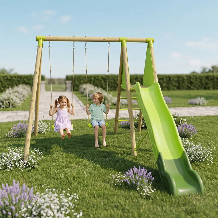 Balançoire en bois 2,30 m Topwood LUMI VERT - 4 enfants