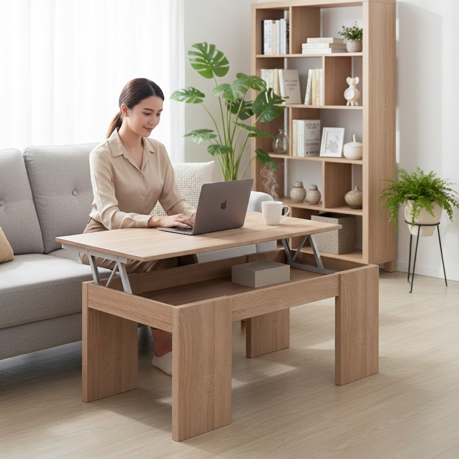 Tavolino da Caffè Con Piano Rialzabile Con Vano Contenitore Alzabile Tavolo da Salotto Moderno Salvaspazio Ideale per Lavorare 100 x 50 x 42 cm Rovere