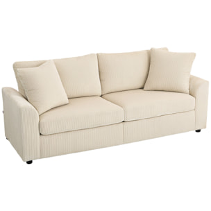 Sofá de 3 Plazas Sofá de Salón 212x80x88 cm Tapizado en Pana con 2 Almohadas Reposabrazos y Cojín de Muelles Diseño Moderno para Sala de Estar Dormitorio Crema