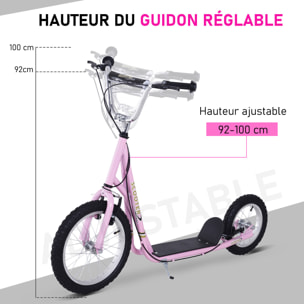 Trottinette patinette enfant à partir de 5 ans grands pneus guidon réglable poignées freins et béquille acier rose