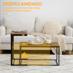 HOMCOM Set de 2 Mesas de Centro Mesas Nido Mesas Auxiliares con Marco de Acero para Salón Domitorio Estilo Industrial 55x33,5x65 cm y 80x50x40 cm Nogal