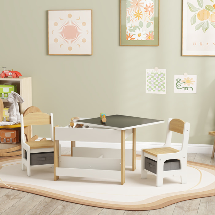 Ensemble 3 pièces table 2 chaises enfant - plateau table réversible tableau noir - rangement - étagères