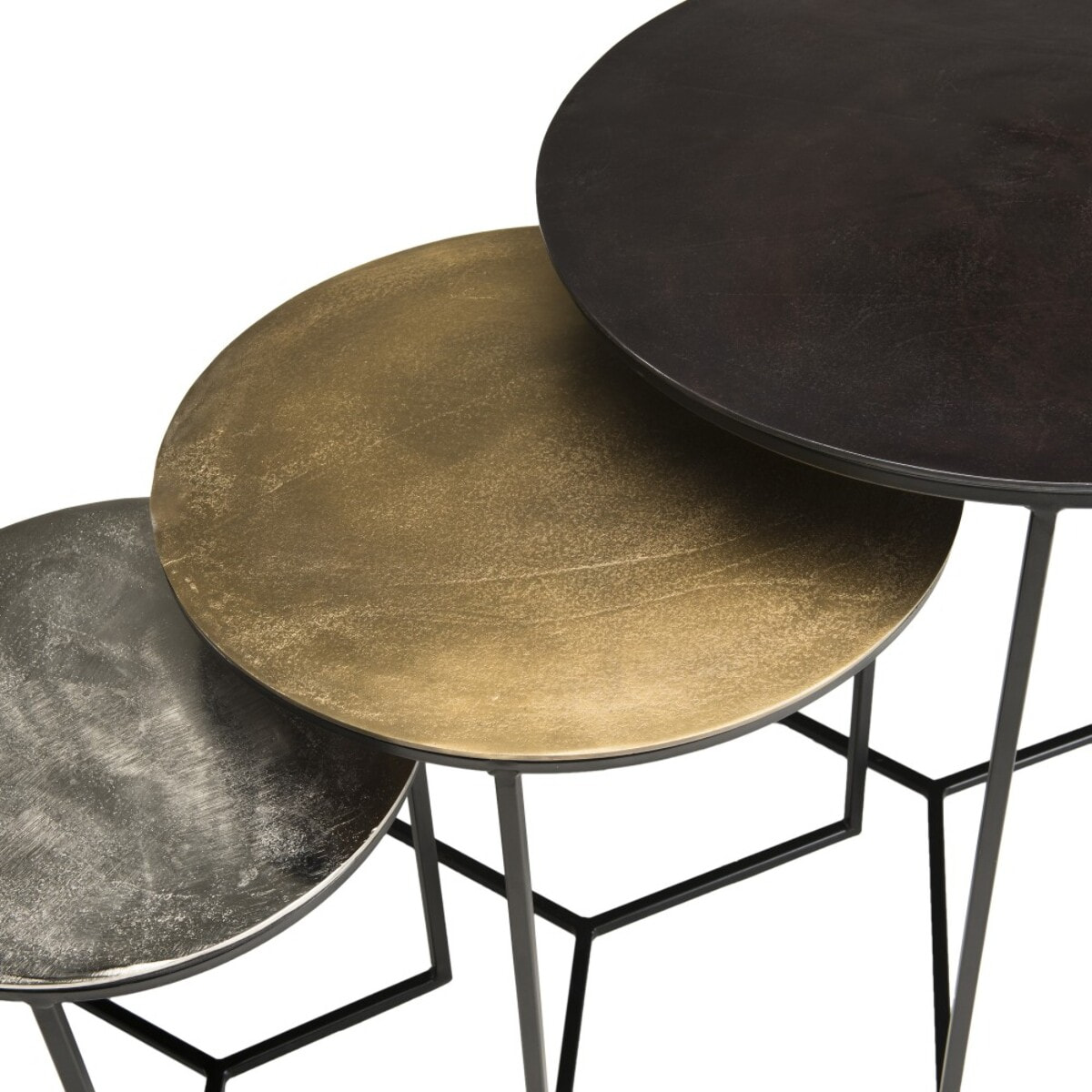 JOHAN - Set de 3 tables gigognes rondes aluminium noir doré argenté - pieds métal noir